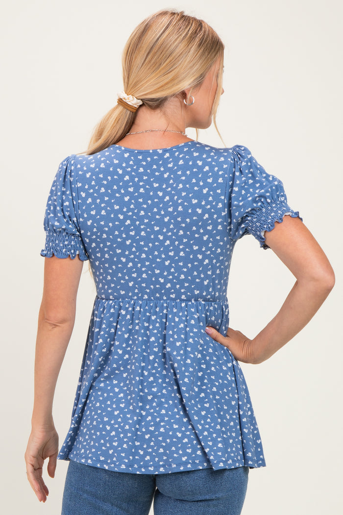 Blue Ditsy Floral Smocked Sleeve Wrap Top
