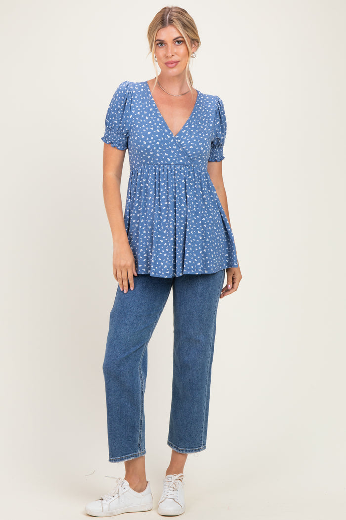 Blue Ditsy Floral Smocked Sleeve Wrap Top