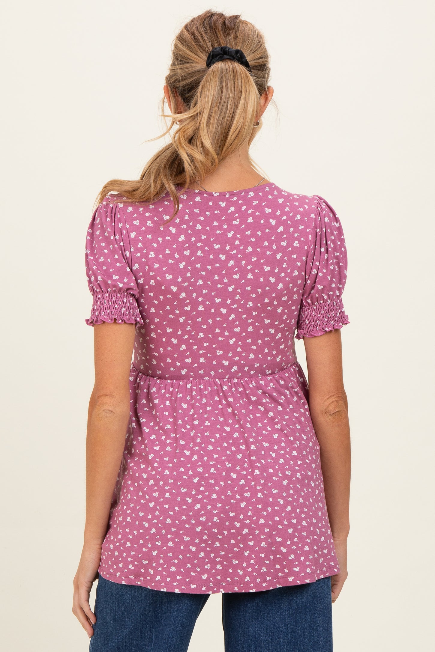 Mauve Ditsy Floral Smocked Sleeve Maternity Wrap Top