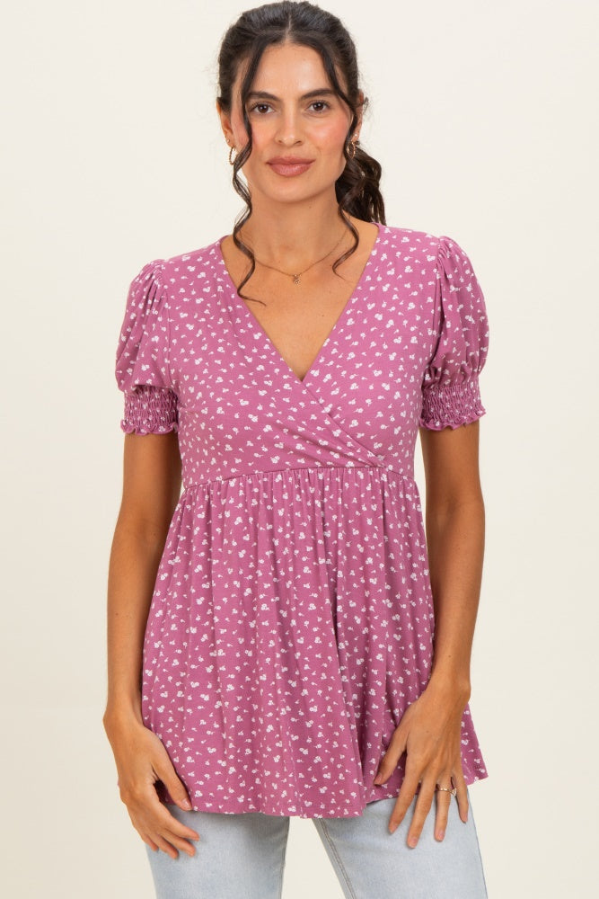 Mauve Ditsy Floral Smocked Sleeve Wrap Top