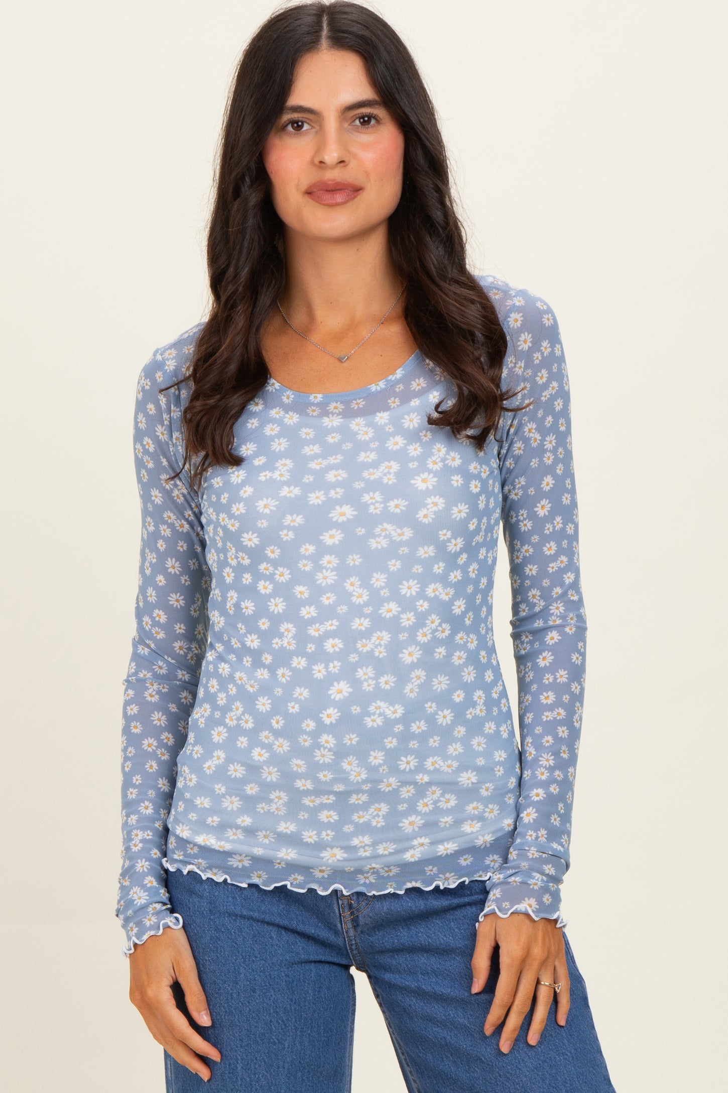 Blue Daisy Print Mesh Long Sleeve Sheer Top