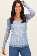 Blue Daisy Print Mesh Long Sleeve Sheer Top