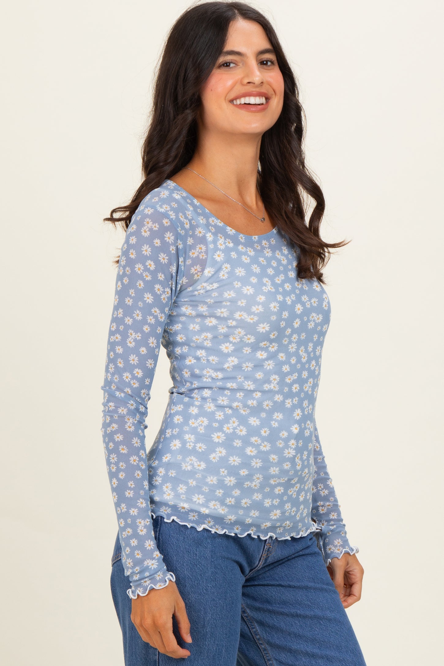 Blue Daisy Print Mesh Long Sleeve Sheer Top