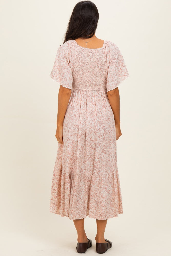 Mauve Flutter Sleeve Floral Print Smocked Chest Ruffled Hem Dress