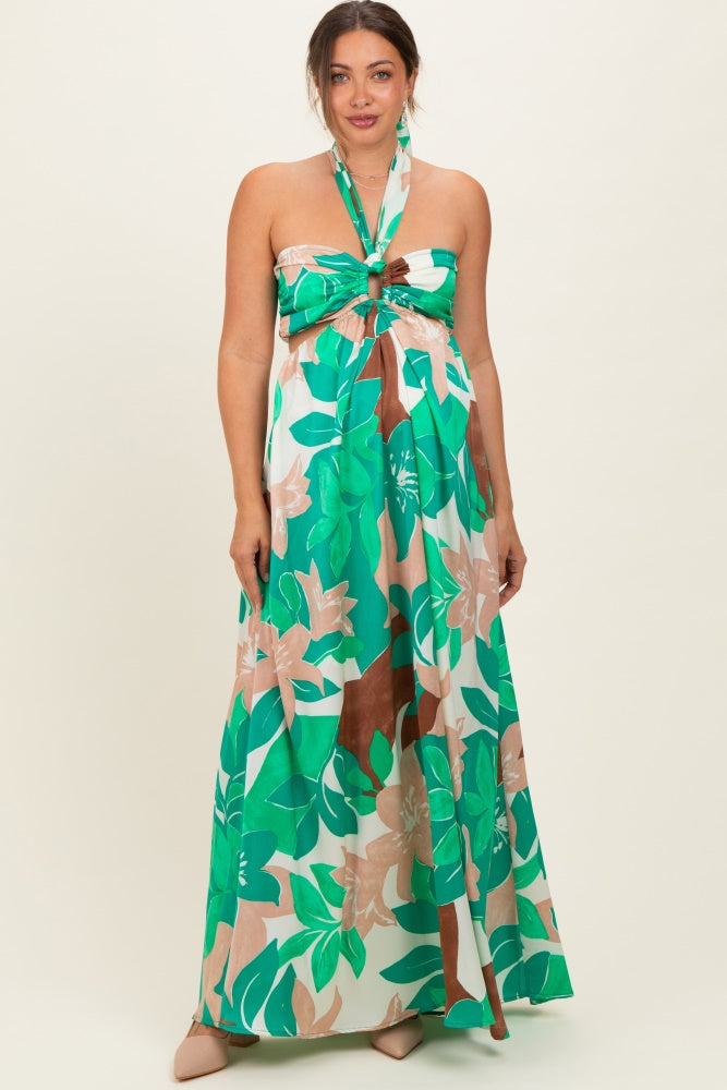 Green Floral Halter Cut Out Maternity Maxi Dress