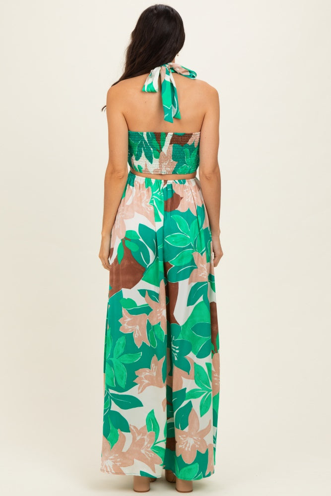 Green Floral Halter Cut Out Maxi Dress
