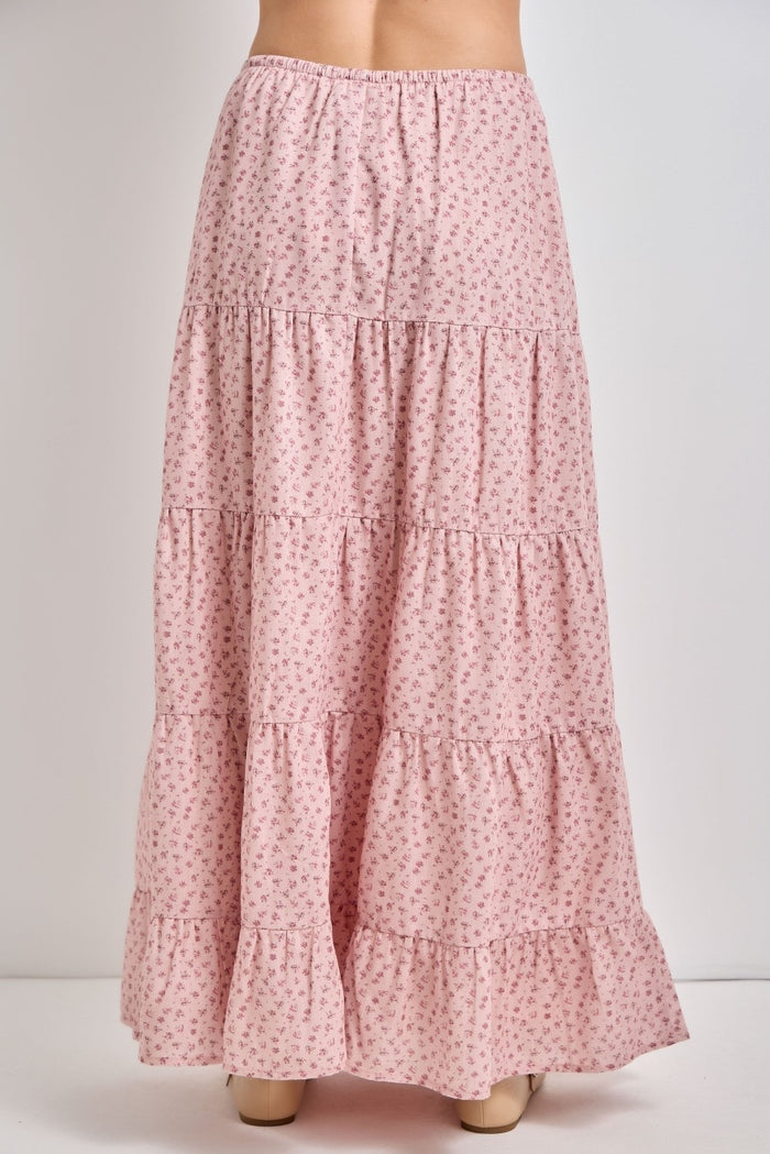 pink floral tiered maxi skirt with ruffled hem and elastic waistband