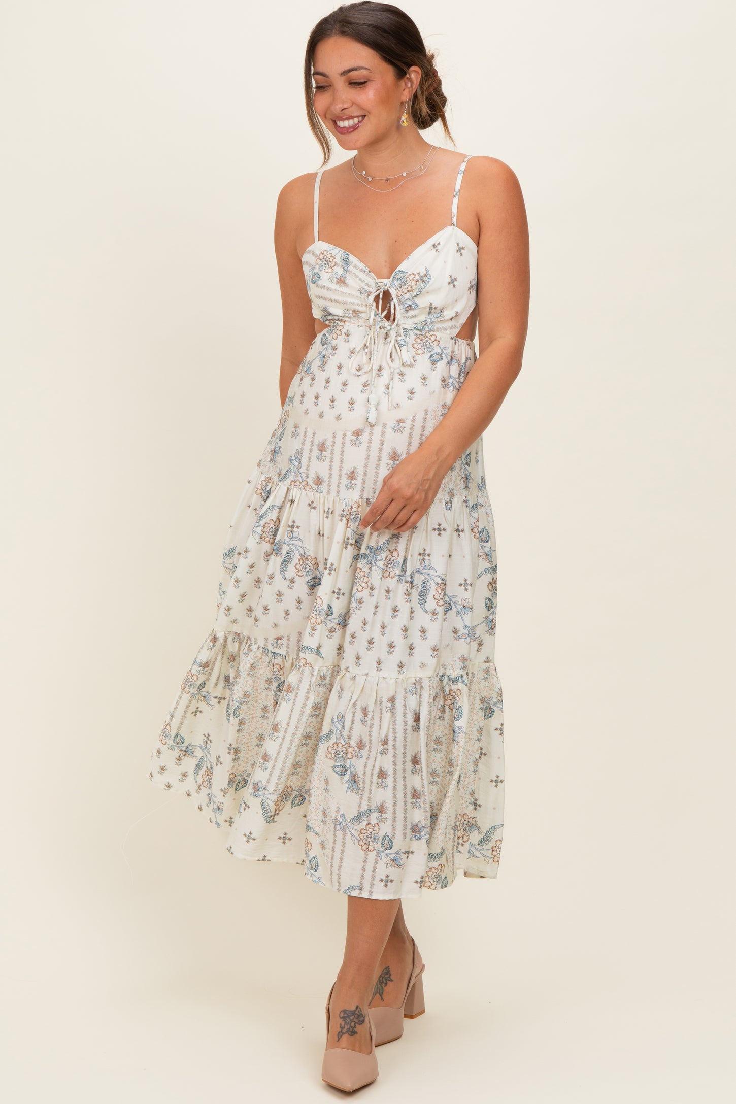 Ivory Floral Tiered Front Tie Maternity Midi Dress