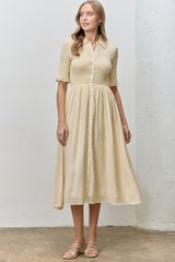 Pale Yellow Smocked Button Down Midi Dress
