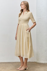 Pale Yellow Smocked Button Down Midi Dress