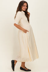 Pale Yellow Smocked Button Down Maternity Midi Dress