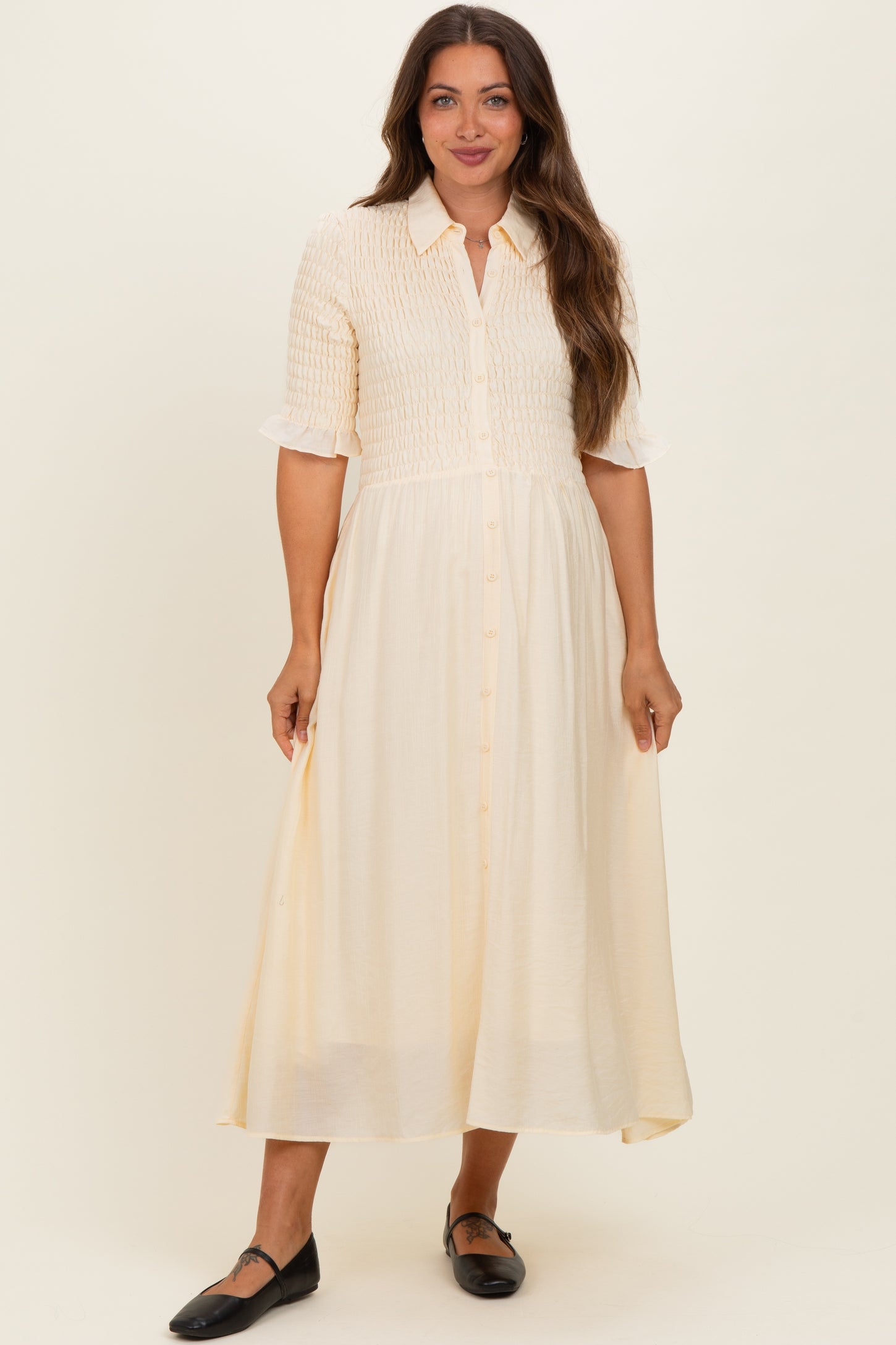 Pale Yellow Smocked Button Down Maternity Midi Dress
