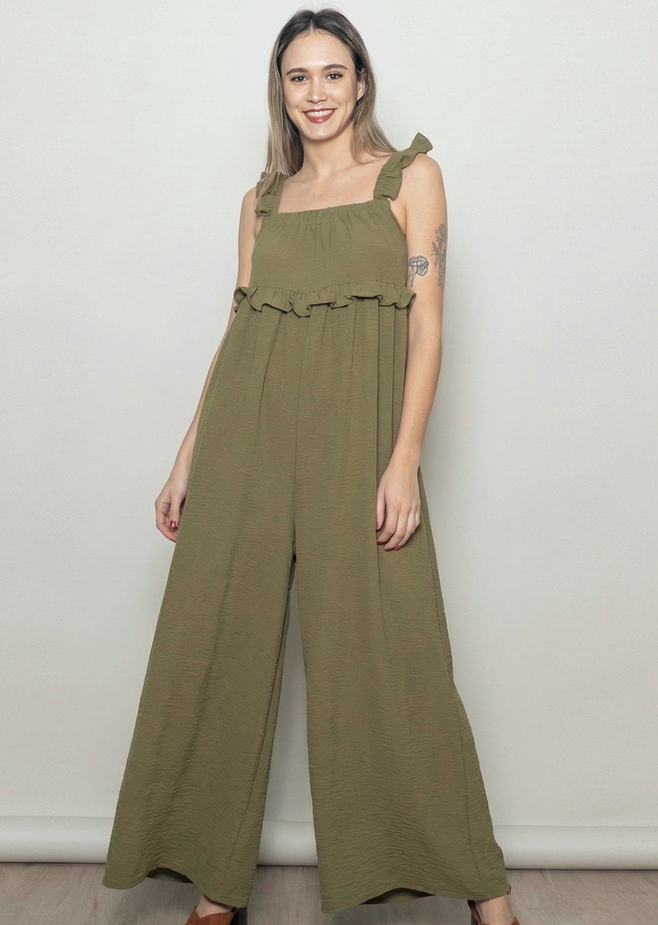 Olive Ruffle Strap Maternity Wide Leg Jumpsuit