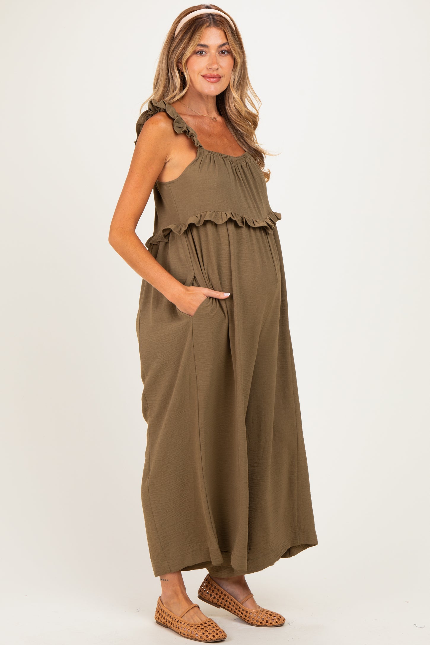 Olive Ruffle Strap Maternity Wide Leg Jumpsuit
