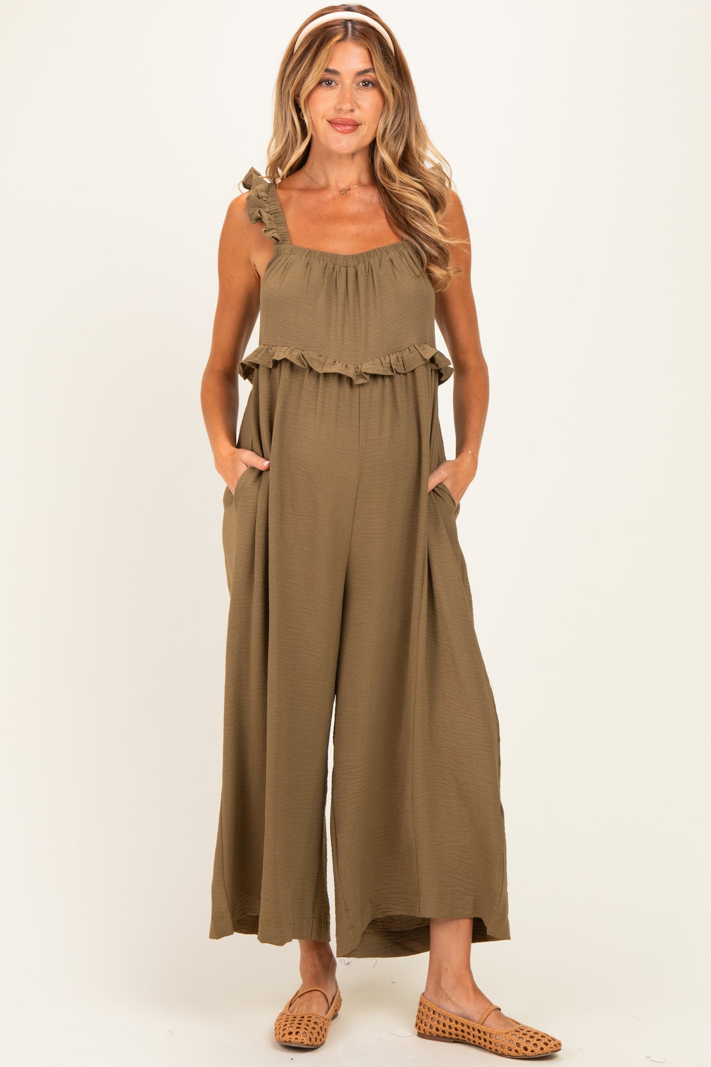 Olive Ruffle Strap Maternity Wide Leg Jumpsuit