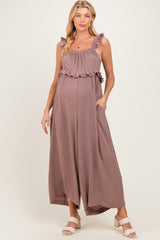Light Mocha Ruffle Strap Maternity Wide Leg Jumpsuit
