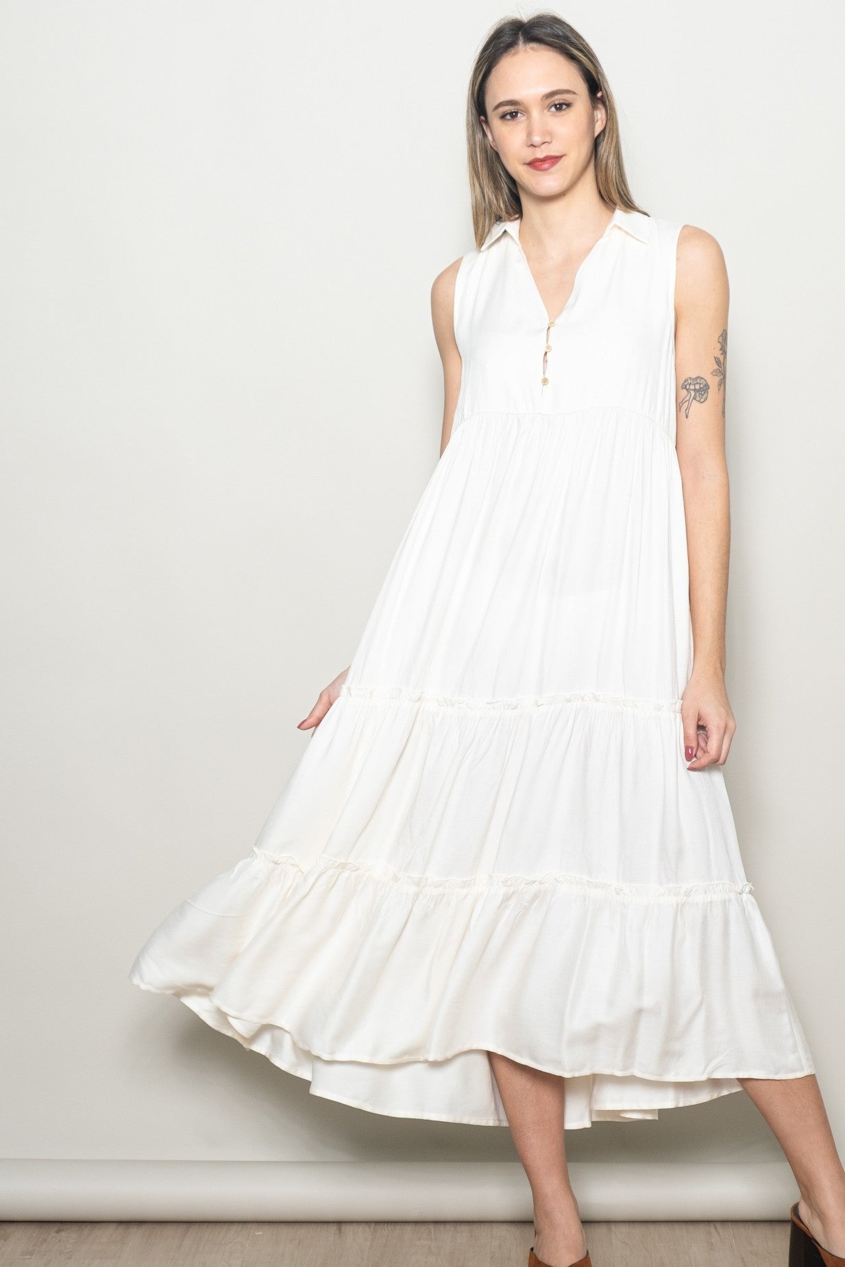 Cream Sleeveless Button Up Tiered Maxi Dress