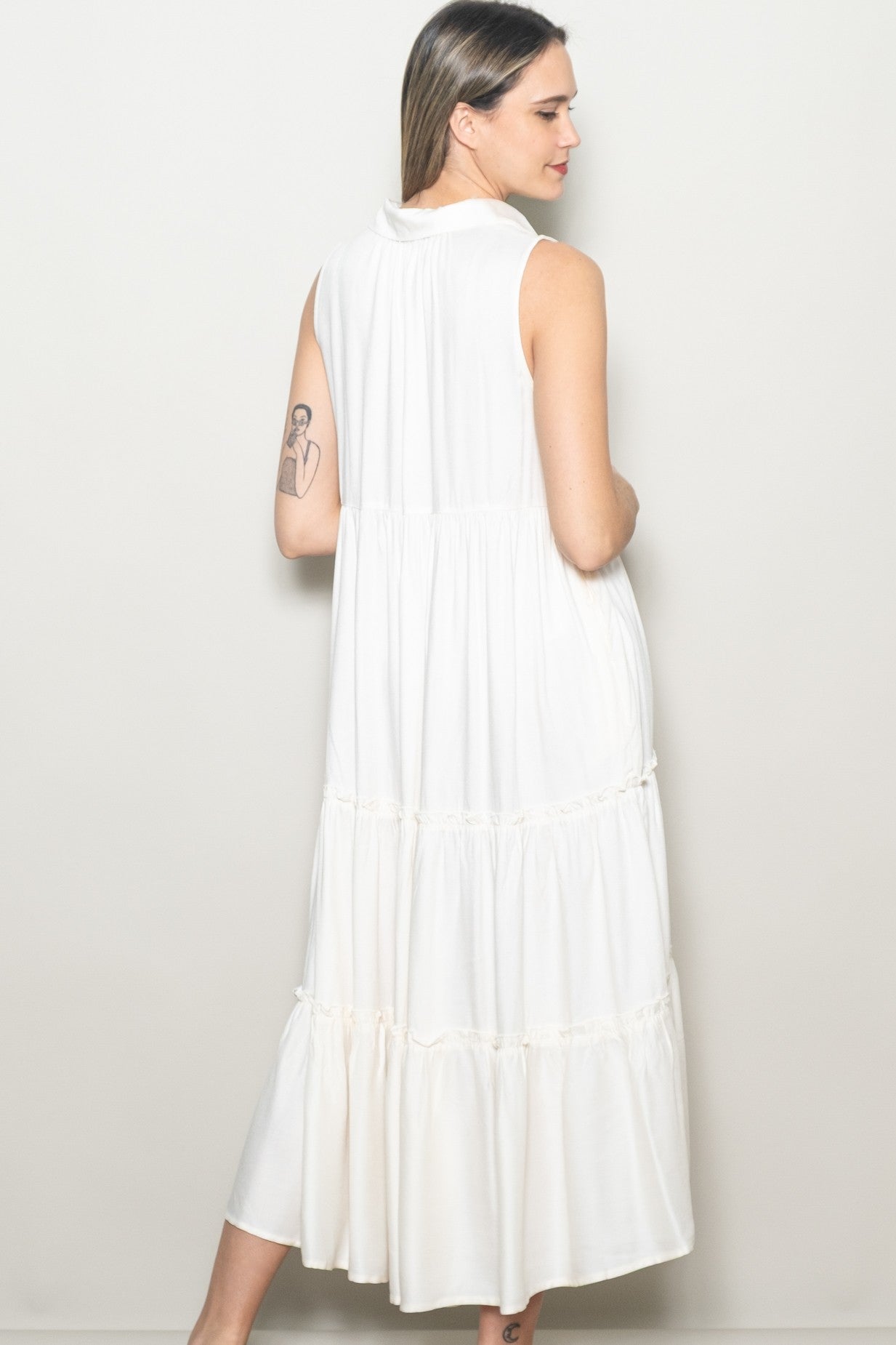 Cream Sleeveless Button Up Tiered Maxi Dress