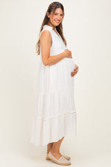 Cream Sleeveless Button Up Tiered Maternity Maxi Dress