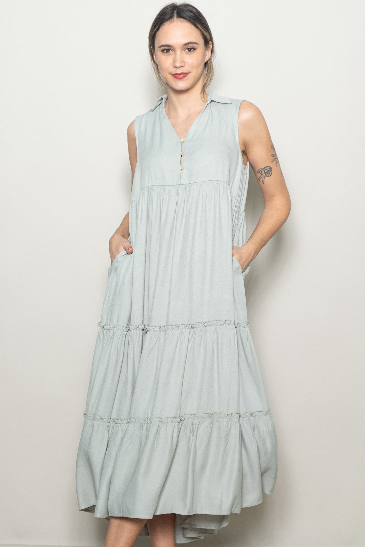 Seafoam Sleeveless Button Up Tiered Maxi Dress