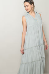 Seafoam Sleeveless Button Up Tiered Maxi Dress