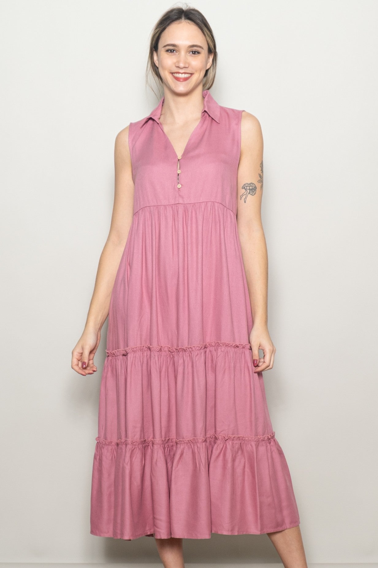 Pink Sleeveless Button Up Tiered Maternity Maxi Dress