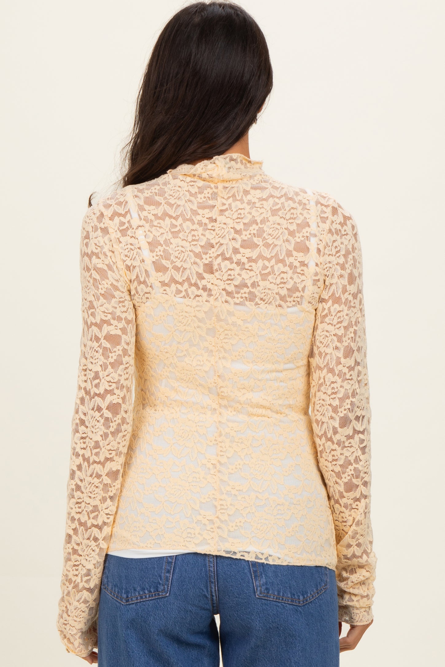 Butter Yellow High Neck Fitted Sheer Lace Top