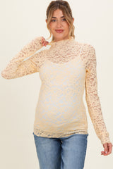 Butter Yellow High Neck Fitted Sheer Lace Maternity Top