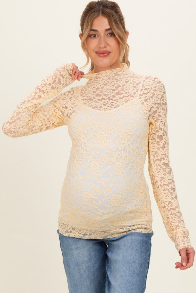 Butter Yellow High Neck Fitted Sheer Lace Maternity Top