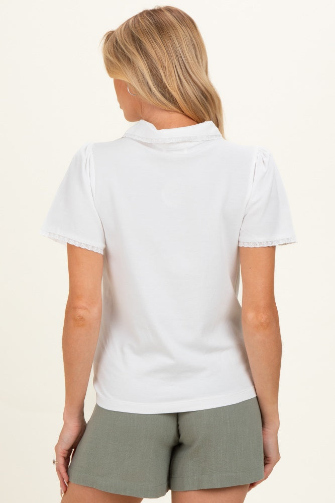 White Lace Trim Maternity Polo Shirt