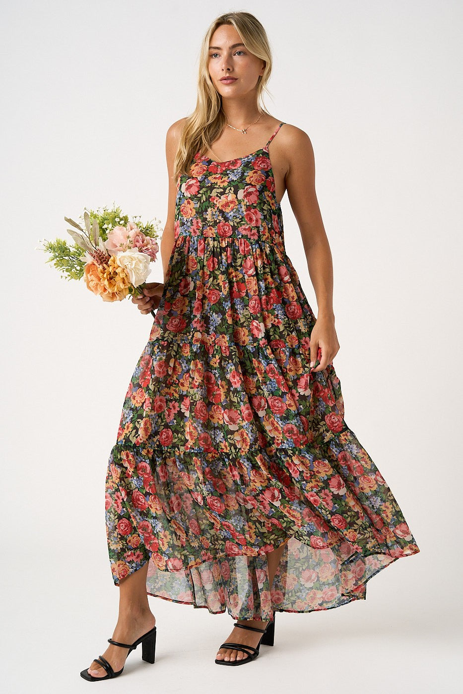 Black Floral Print V-Neck Tiered Maxi Dress