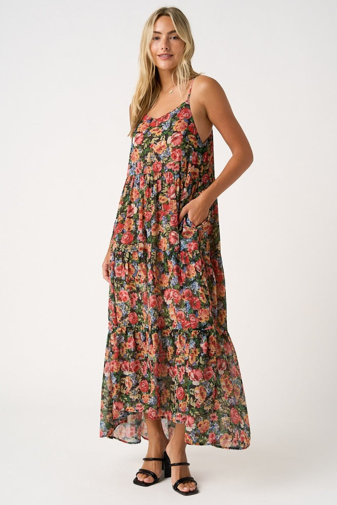 Black Floral Print V-Neck Tiered Maxi Dress