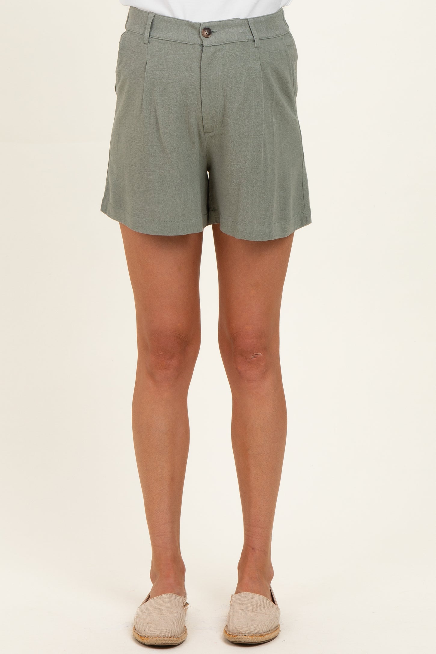 Dusty Spruce Linen Blend Maternity Shorts