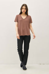 Choco Linen Blend V-Neck Short Sleeve T-Shirt