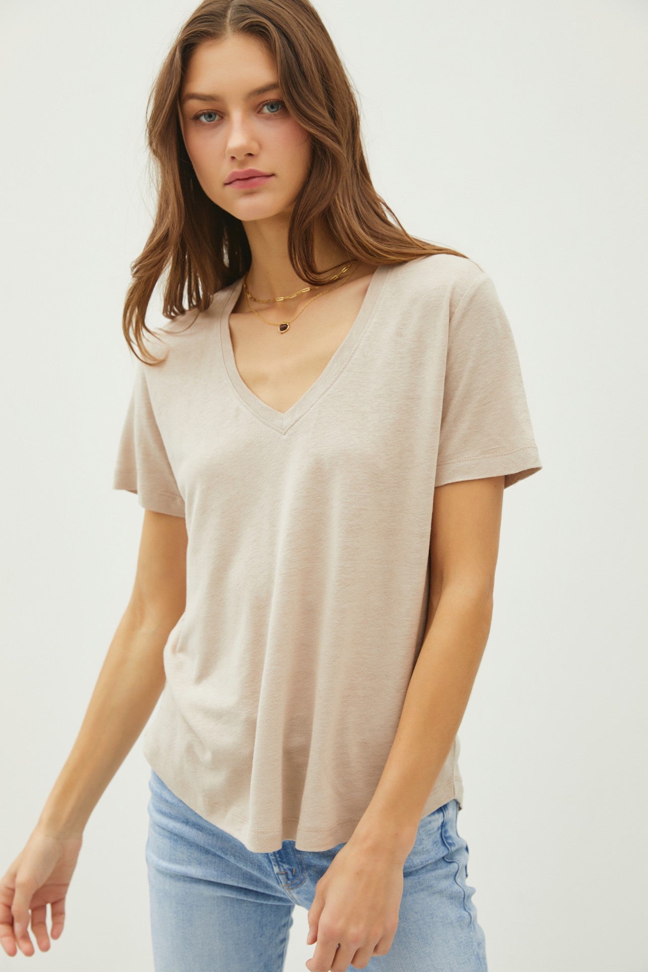 Khaki Linen Blend V-Neck Short Sleeve T-Shirt