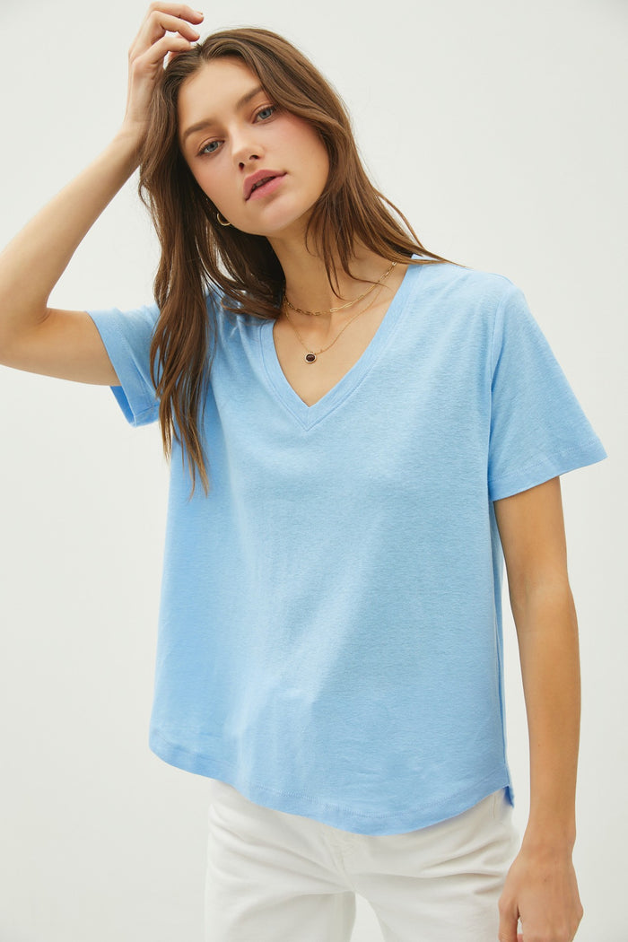 Sky Linen Blend V-Neck Short Sleeve T-Shirt