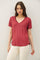 Wine Linen Blend V-Neck Short Sleeve T-Shirt