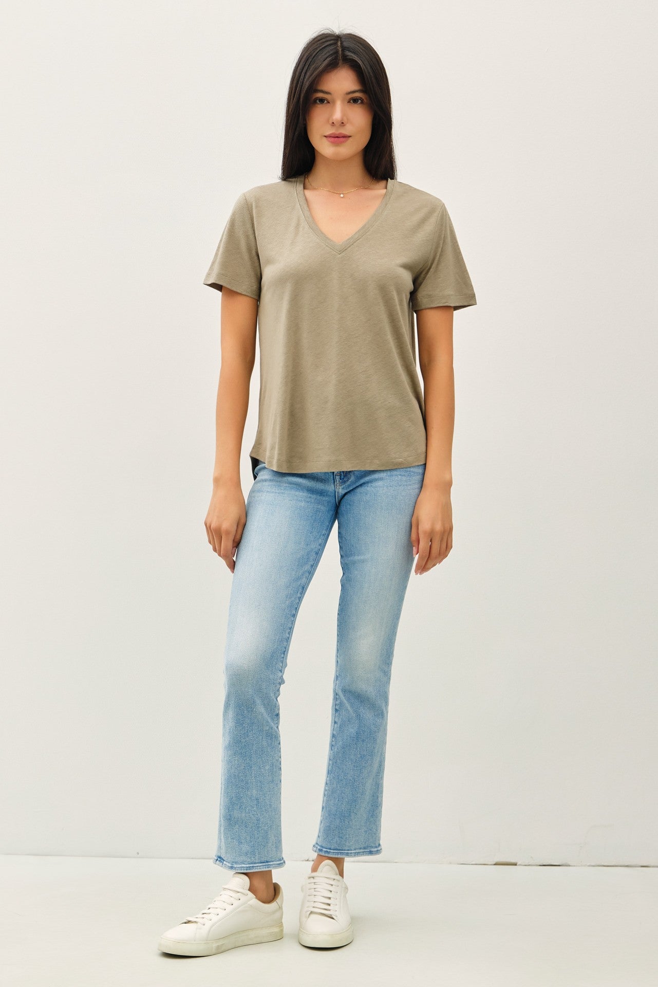 Olive Linen Blend V-Neck Short Sleeve T-Shirt