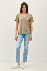 Olive Linen Blend V-Neck Short Sleeve T-Shirt