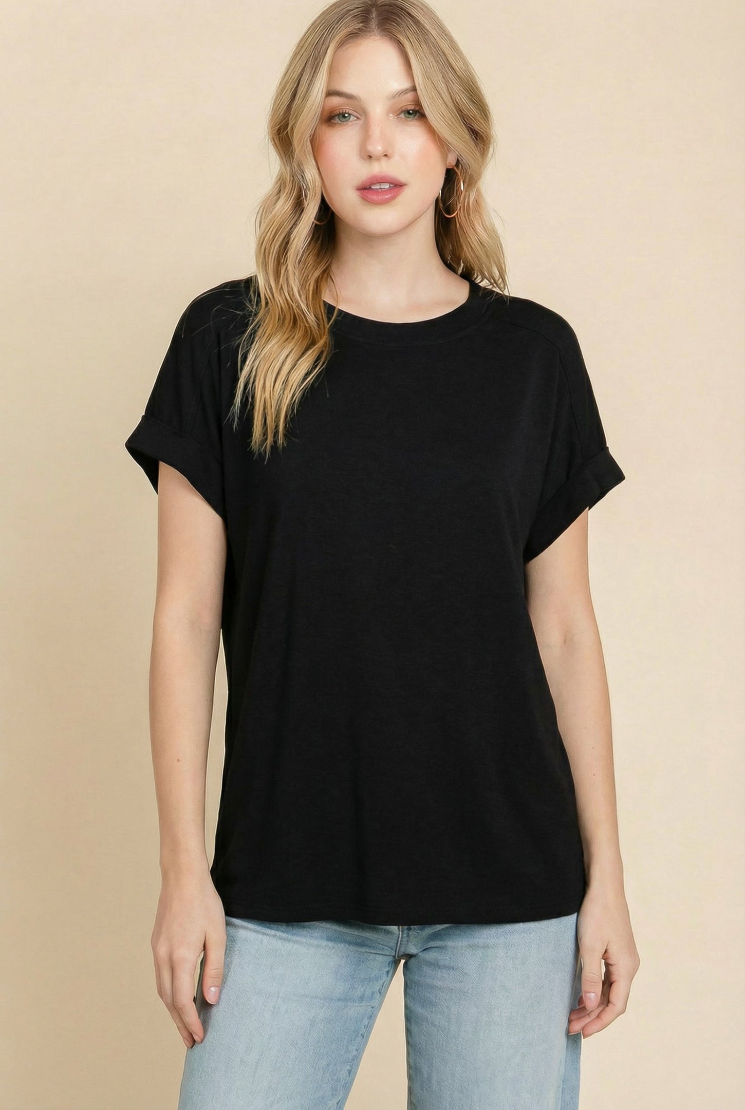 Black Rolled Cuff Sleeve Relaxed Fit Maternity Tee