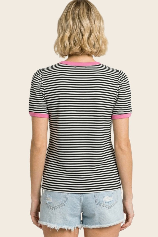 Navy Short Striped Puff Sleeve Top