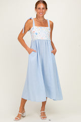 Light Blue Floral Stripe Bow Strap Maternity Dress