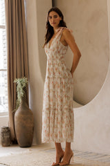 White Floral Shoulder Tie Deep V-Neck Tiered Maxi Dress
