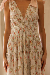 White Floral Shoulder Tie Deep V-Neck Tiered Maxi Dress