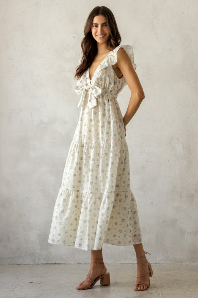 Cream Floral Front Bow Open Back Midi Dress