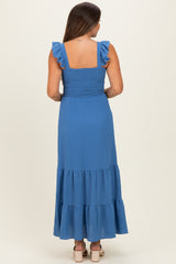 Blue Ruffle Strap Smocked Maternity Maxi Dress