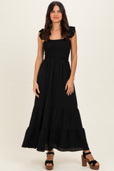 Black Ruffle Strap Smocked Maternity Maxi Dress