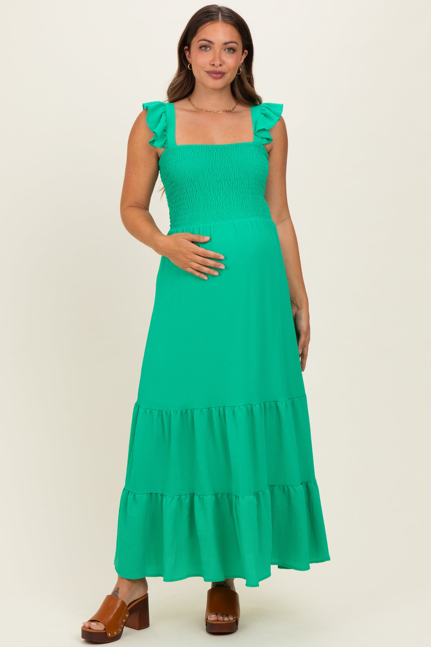 Green Ruffle Strap Smocked Maternity Maxi Dress
