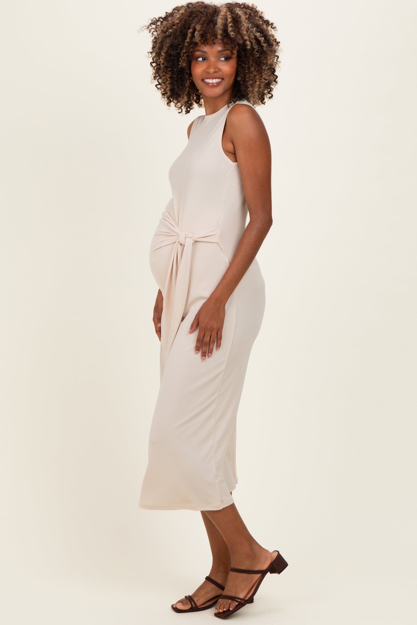 Beige Sleeveless Waist Tie Maternity Midi Dress