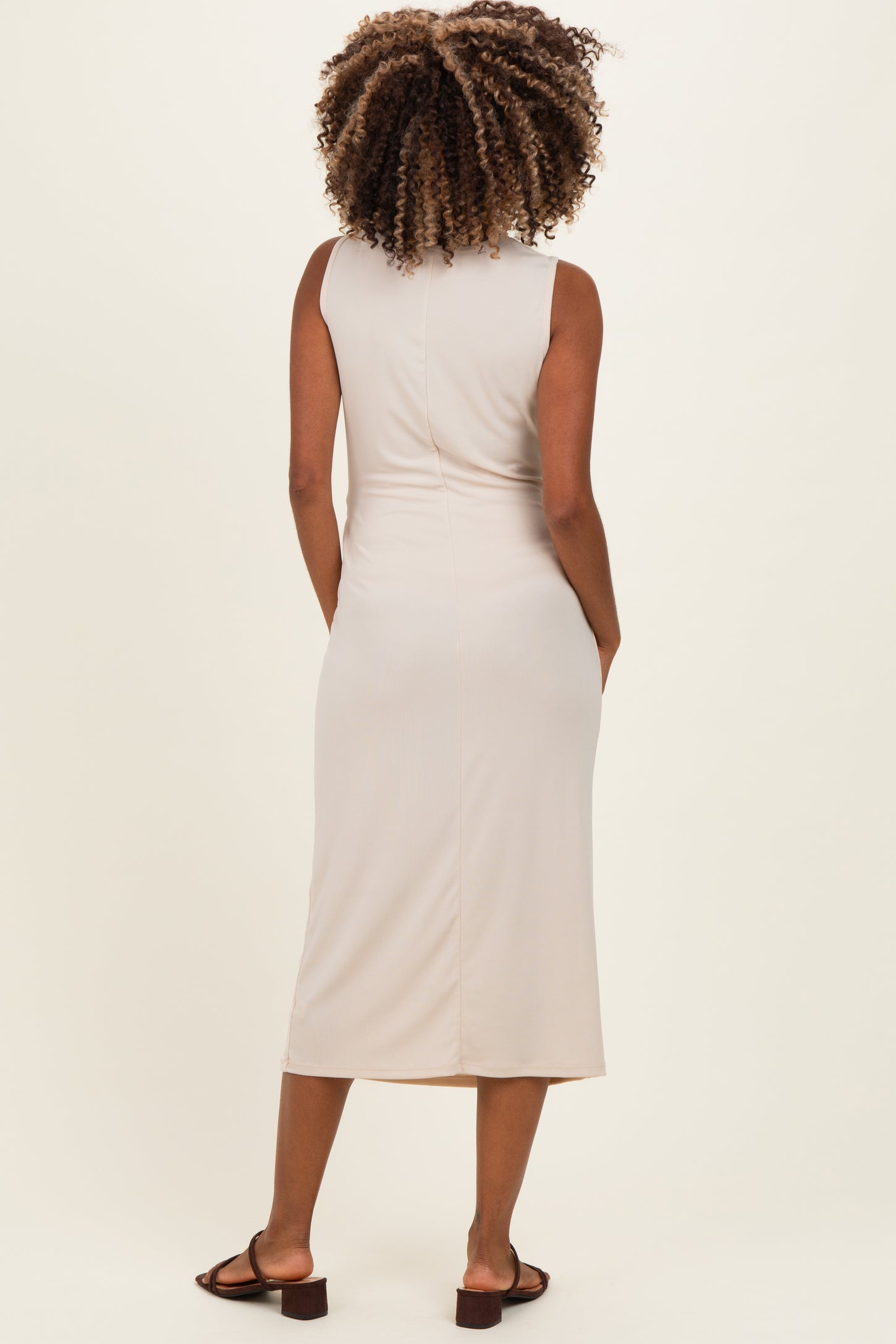 Beige Sleeveless Waist Tie Maternity Midi Dress